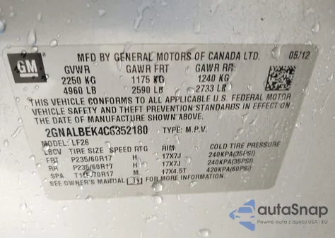 2012 Chevrolet Equinox Ls z USA, uszkodzony, nr VIN 2GNALBEK4C6352180